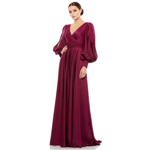 NWT Mac Duggal $398 FLOWY SPLIT BISHOP SLEEVE FAUX WRAP GOWN 67847 WINE‎ - Picture 1 of 4
